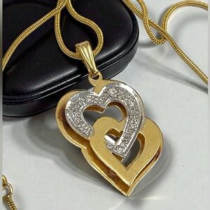 14K Yellow Gold Large Diamond Double HEART Pendant on 18” Snake Chain Necklace!